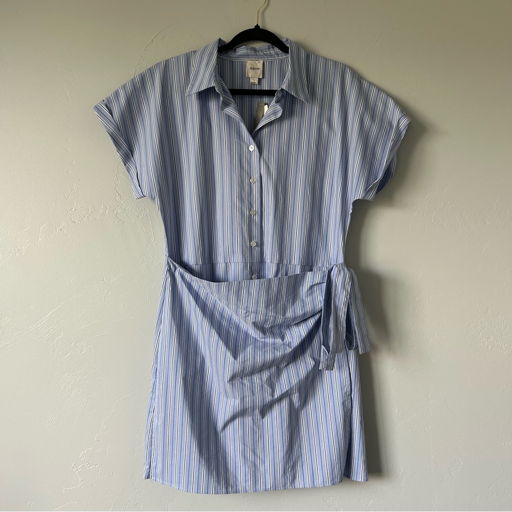 Anthropologie Maeve Button Front Wrap Mini Shirt Dress Pinstripe Large Preppy